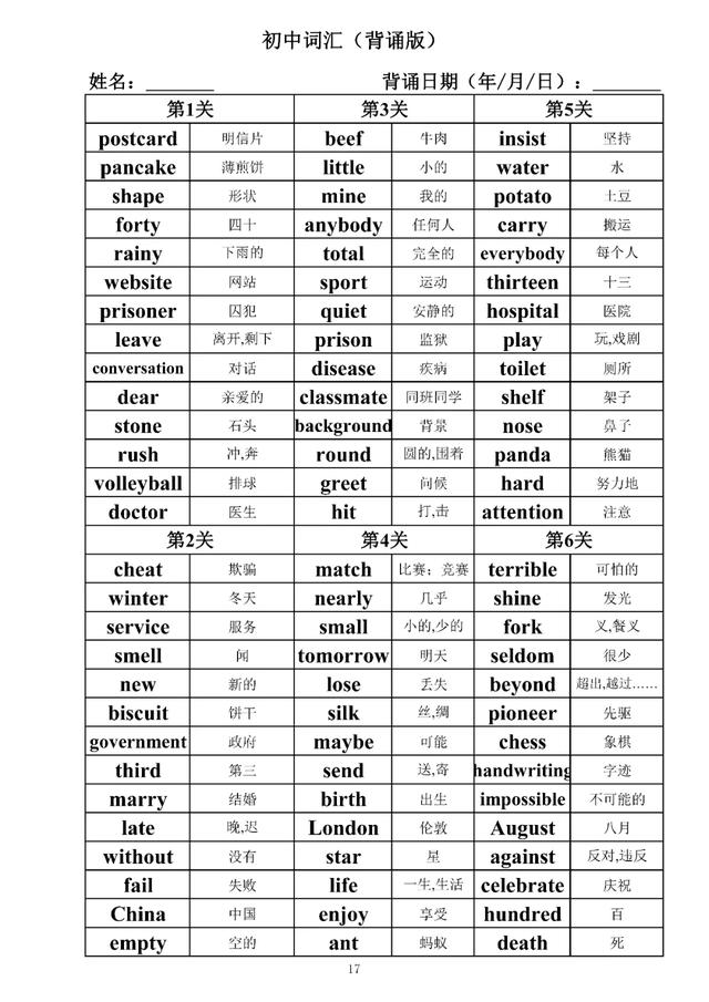初中英语单词(背诵版+检测默写版），打印出来直接用