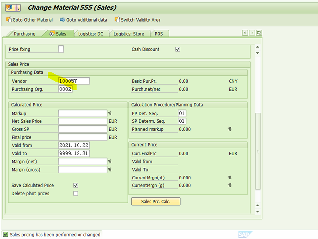 SAP RETAIL MM42進入商品的銷售檢視系統提示: No basic purchase price relevant...