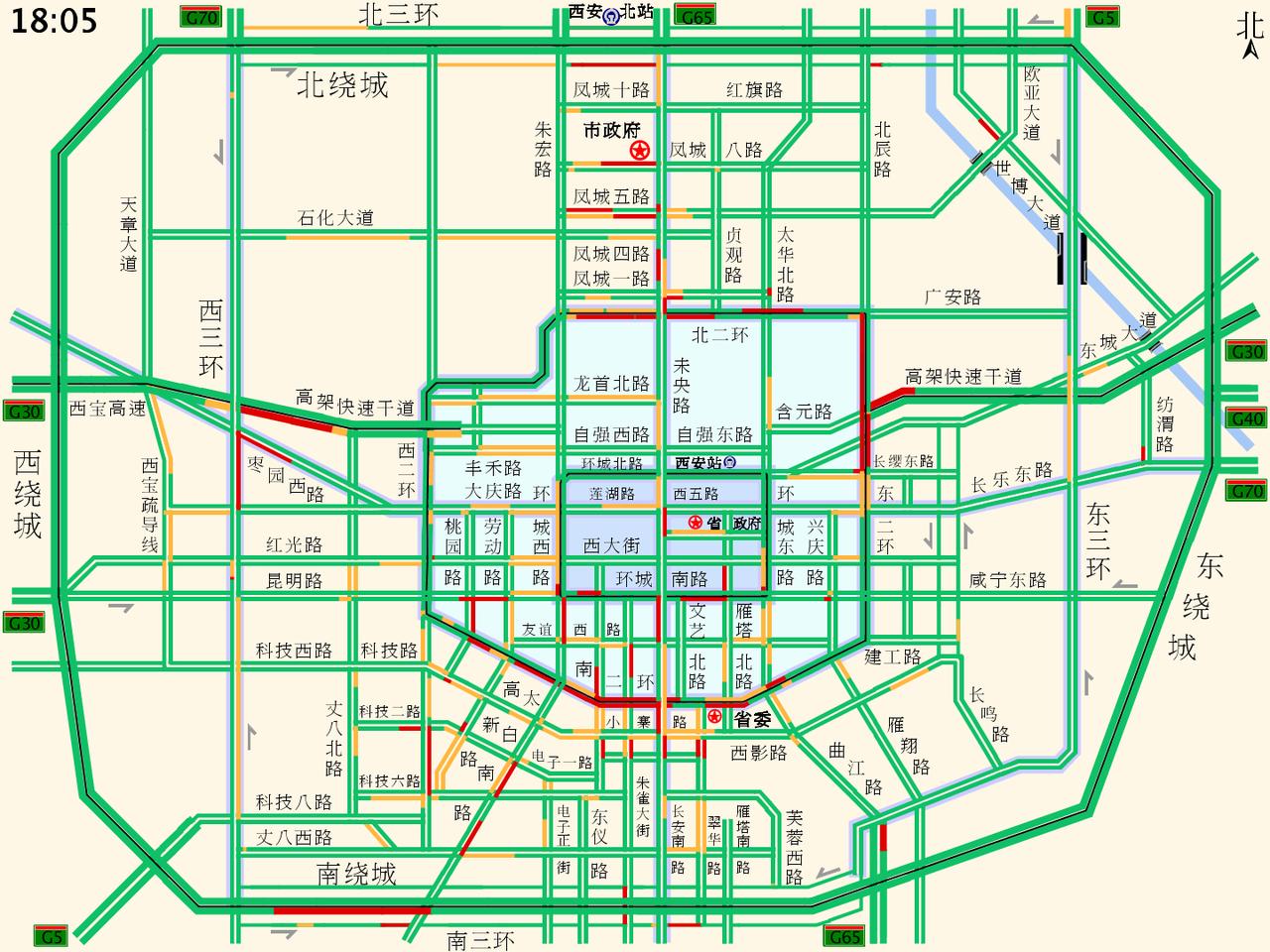 西安路况播报实时晚高峰路况目前市区车流量较大的路段有二环沿线环城