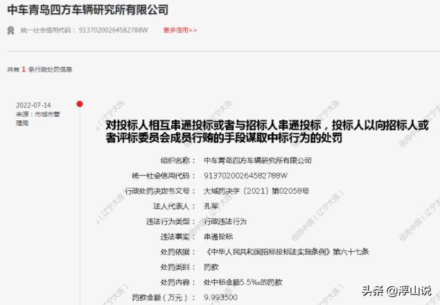 串通投标及行贿谋取中标，中车青岛四方车辆研究所被罚近10万元