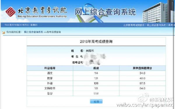 关晓彤的高考成绩在北京算吗(关晓彤的高考成绩)