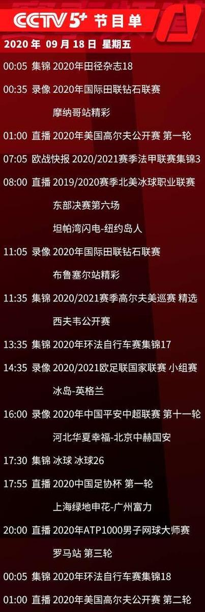 央视体育CCTV5/5+今日节目单(9.18)：足协杯2场