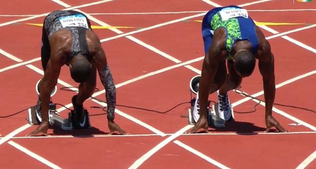 67加特林本次在第四道,他的外道是小将科尔曼,加特林的起跑反应为0.