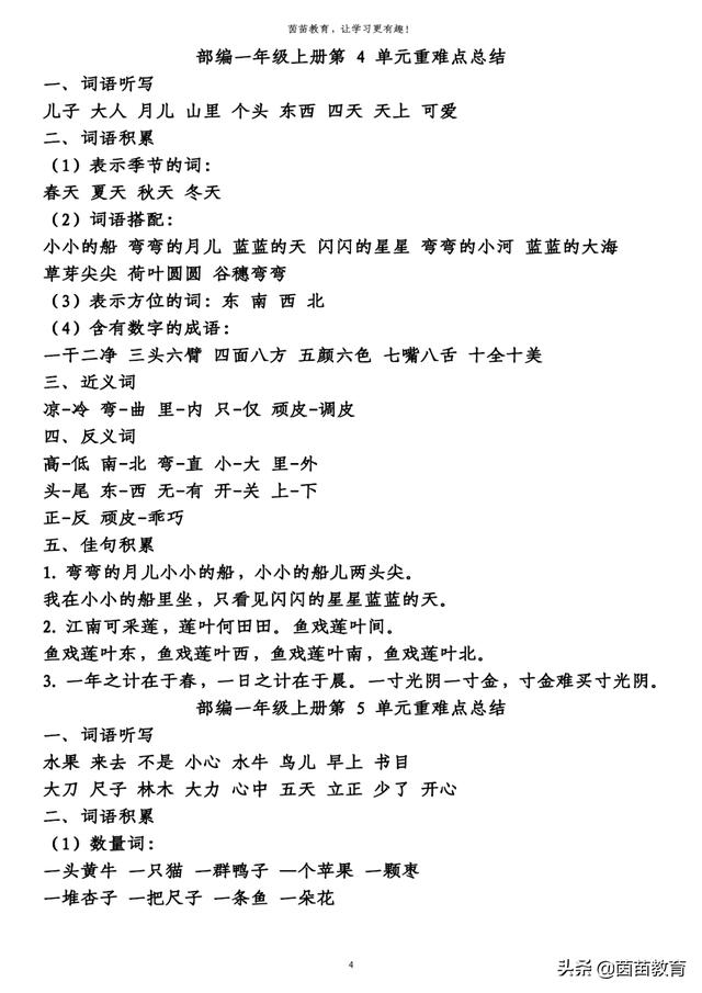 柔软的近义词一年级语文上册知识梳理第1一8单元