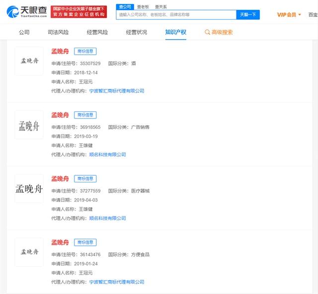 孟晚舟商标申请均已被驳回
