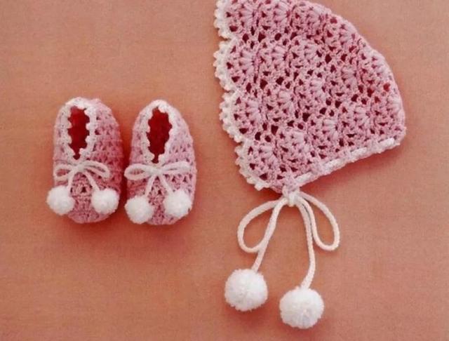 钩针可爱的婴儿帽，婴儿鞋，手工编织花样