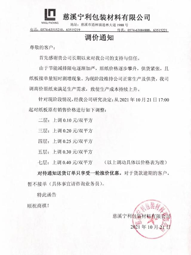 山鹰再发涨价函，第六轮涨价已经开始，下单前重新询价已成常态