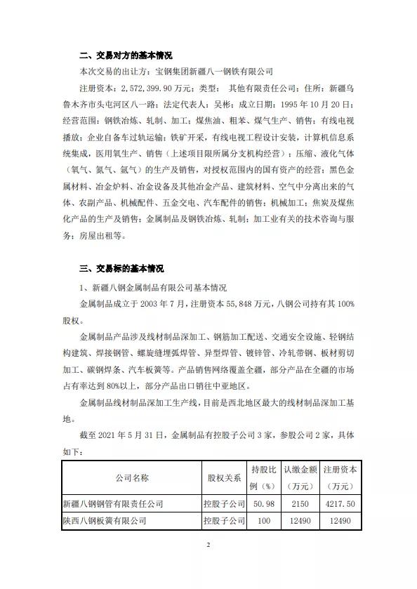 八一钢铁拟收购新疆八钢金属制品有限公司、新疆焦煤(集团)100%股权
