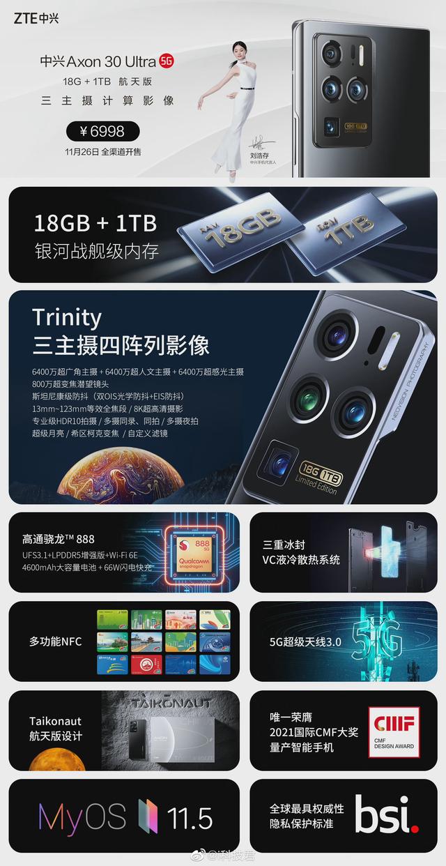 中兴Axon30 Ultra航天版开售，18G+1TB售价6998元