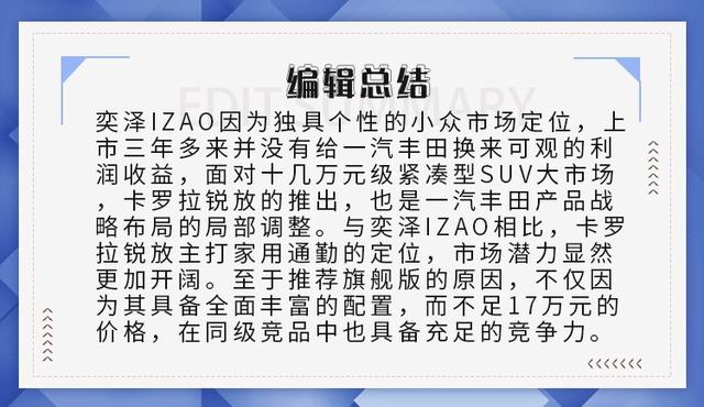 推荐2.0L旗舰版，一汽丰田卡罗拉锐放购车手册