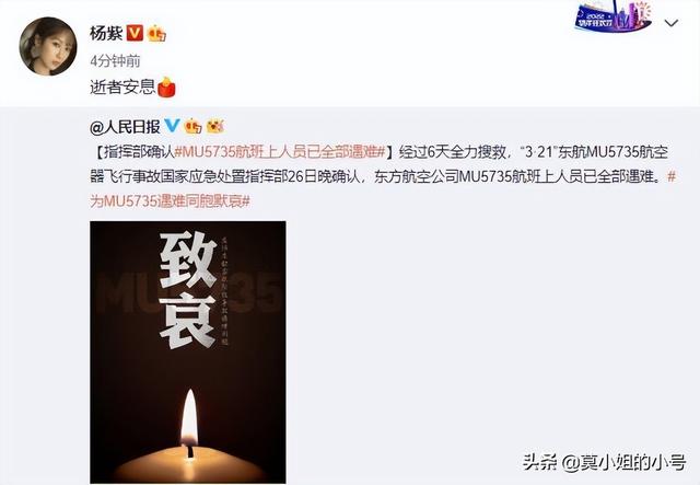 杨紫、蔡徐坤等超百位明星为东航飞行事故遇难者默哀：逝者安息