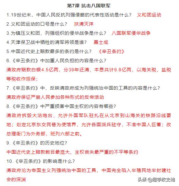 「考点梳理」八年上册历史问题式知识提纲，收藏好，期末复习用
