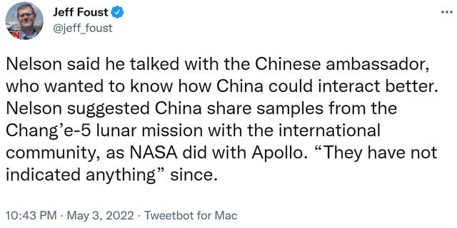 NASA局长建议：中国要分享嫦娥五号月球样品，就像阿波罗那样