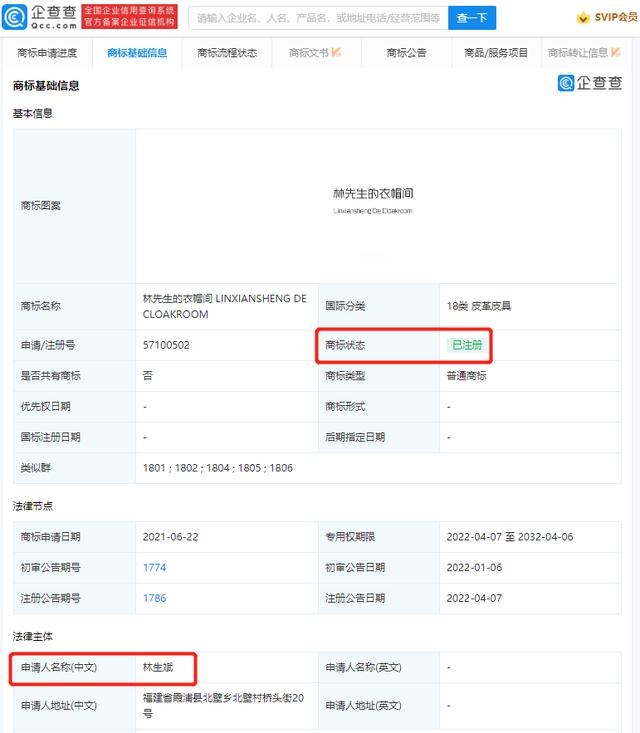 林生斌注册“林先生的衣帽间”商标