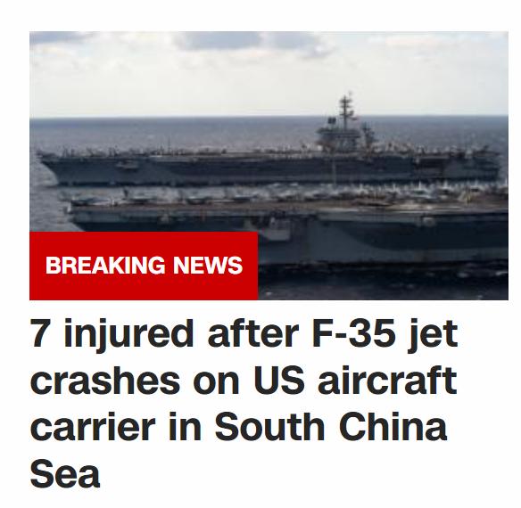 快讯！美航母刚来南海炫耀，F-35战机降落时发生事故，伤7人
