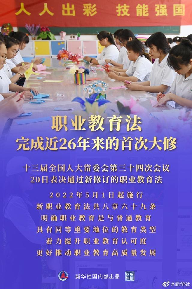 职业教育法首次大修，5月1日起实施，我国已建成世界上规模最大的职业教育体系
