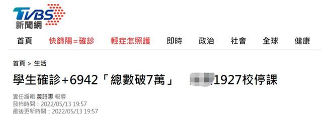 累计超7万例！台媒：台湾学生新增新冠确诊病例6942例，共1927所学校停课