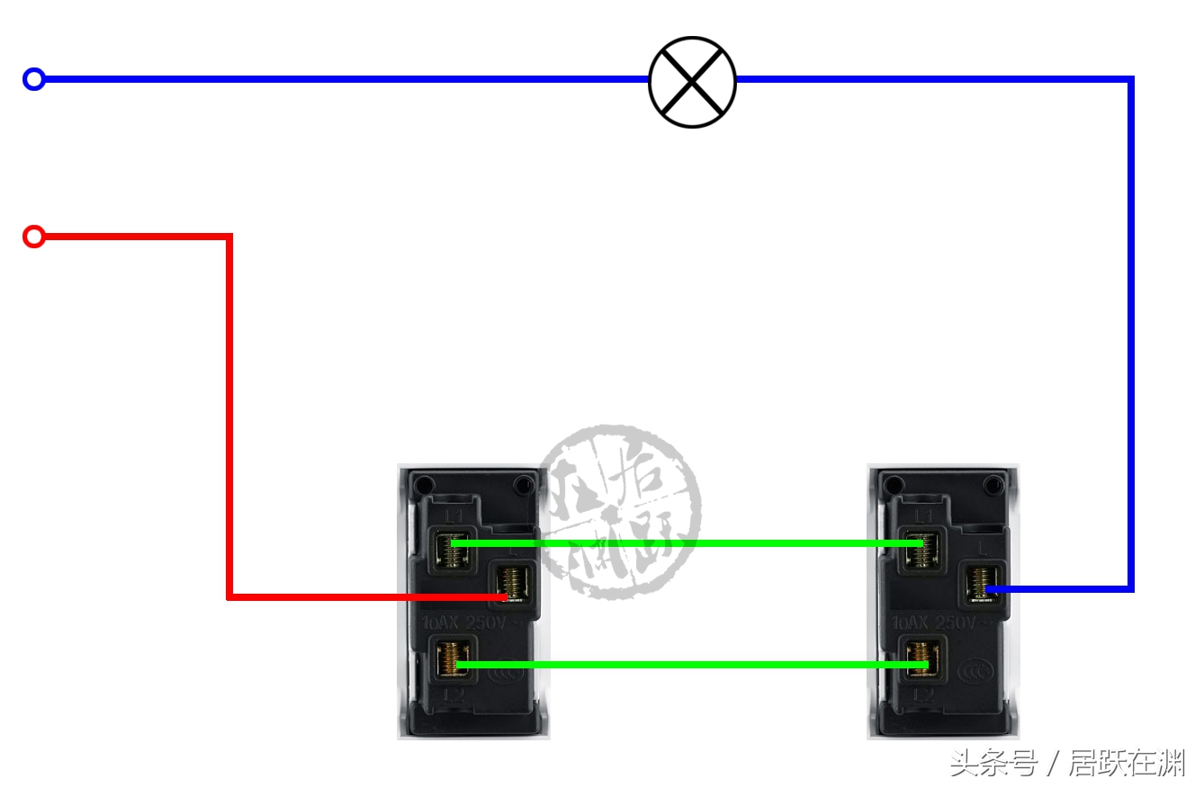 分别连接配电箱火线和电灯,把两个开关的l1和l2共四个接线柱彼此连接