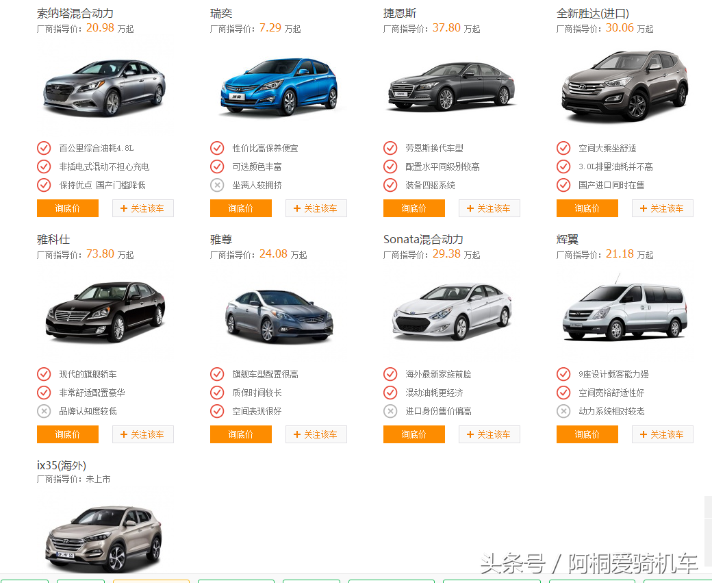 现代汽车报价大全一览表，车型大全