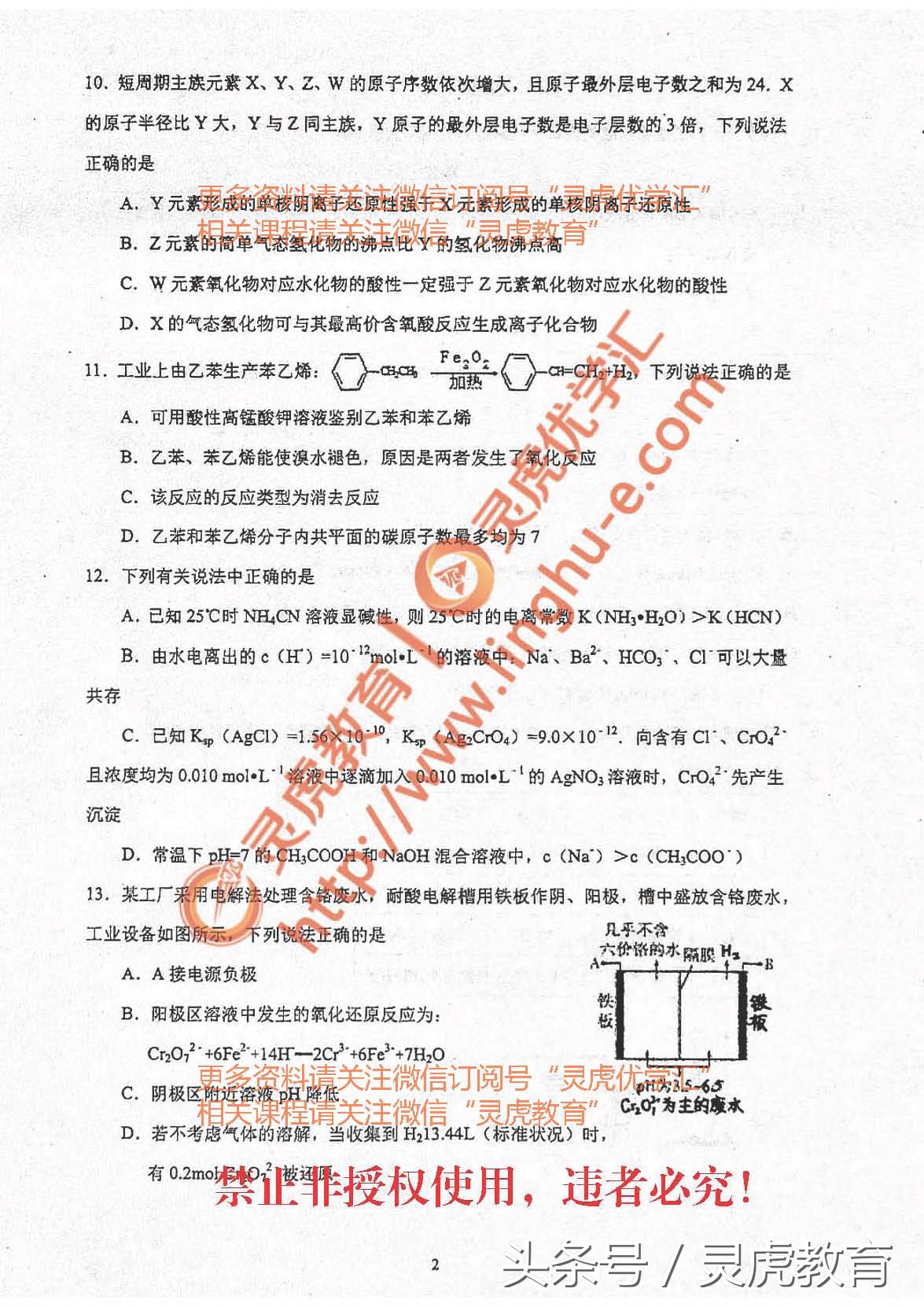 昆一中2017届高三化学选择题训练题（1-2）