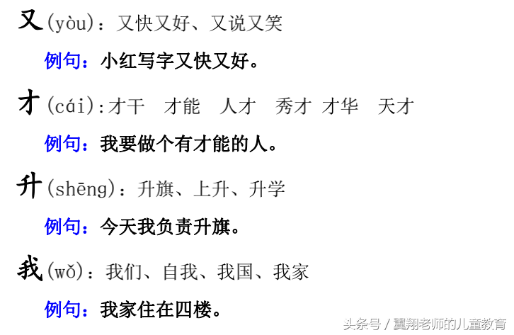 一年级语文上册《生字，组词，造句，常用成语积累》，强烈推荐