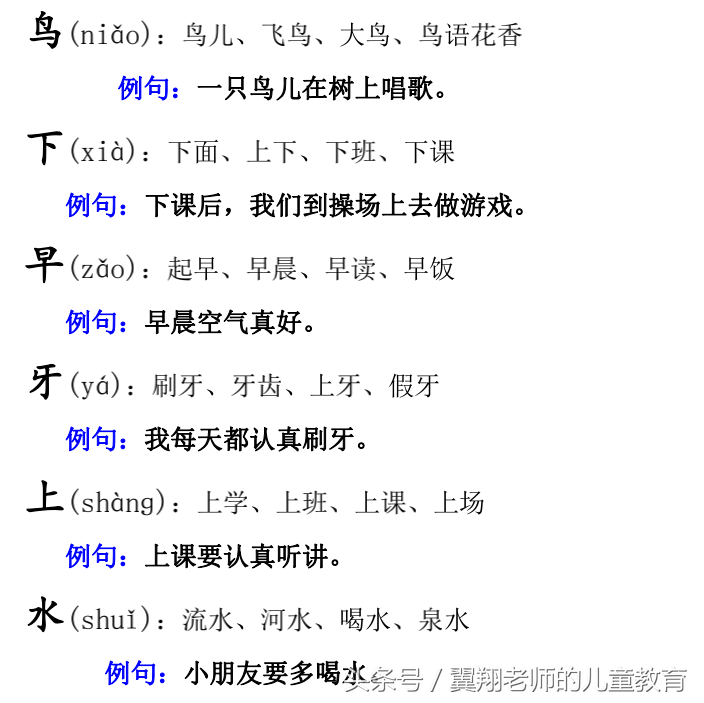 一年级语文上册《生字，组词，造句，常用成语积累》，强烈推荐