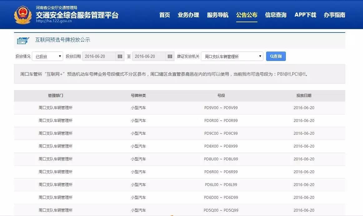 今天，周口交警开始网上自选机动车号牌服务，100多个靓号被选出