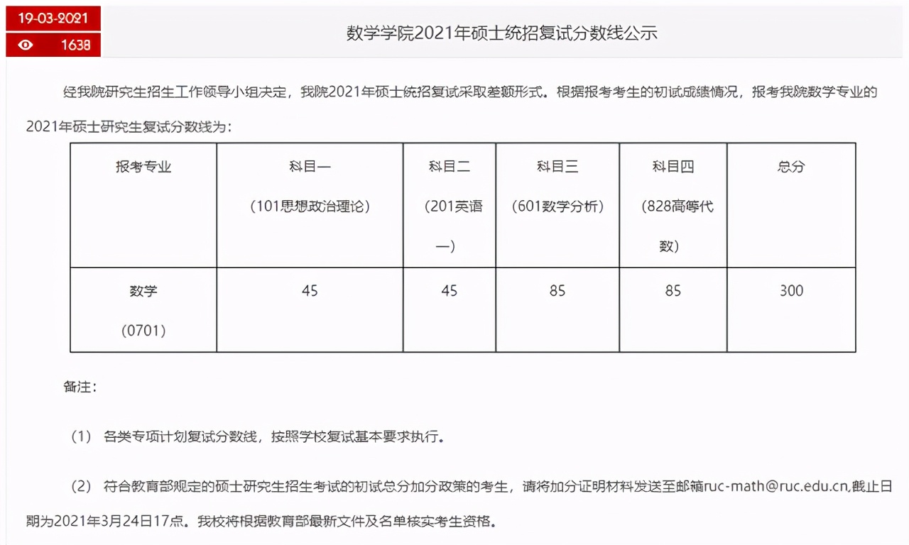 中国人民大学2021硕士研究生25个学院（系）复试分数线汇总