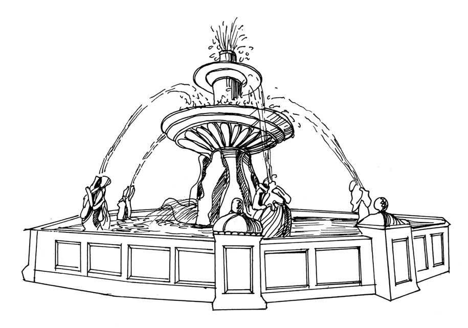 小型广场喷泉手绘图图片