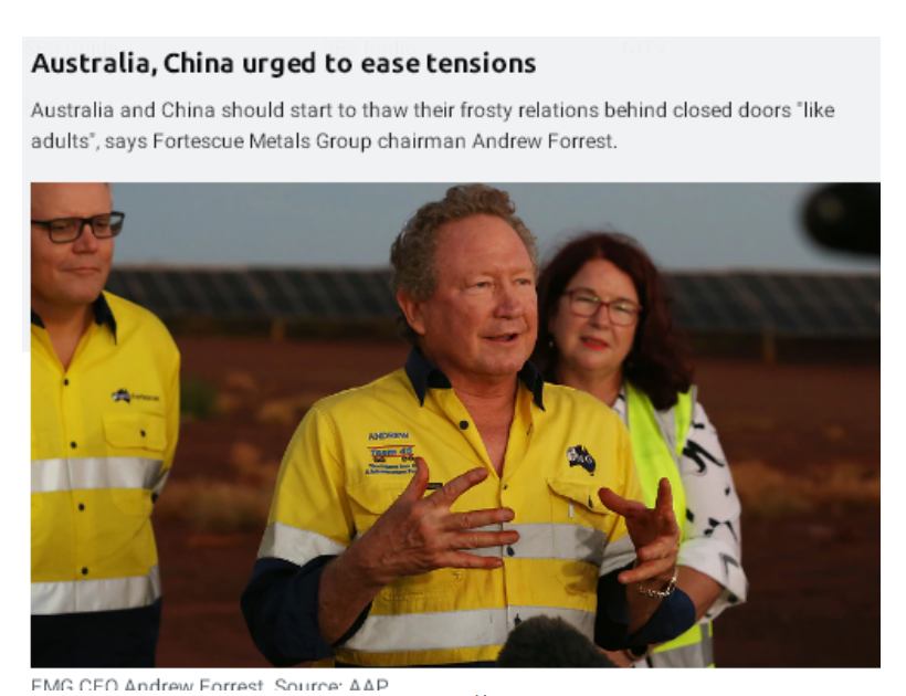 “替代是不可想象的”澳洲矿业大亨敦促澳中缓和紧张局势