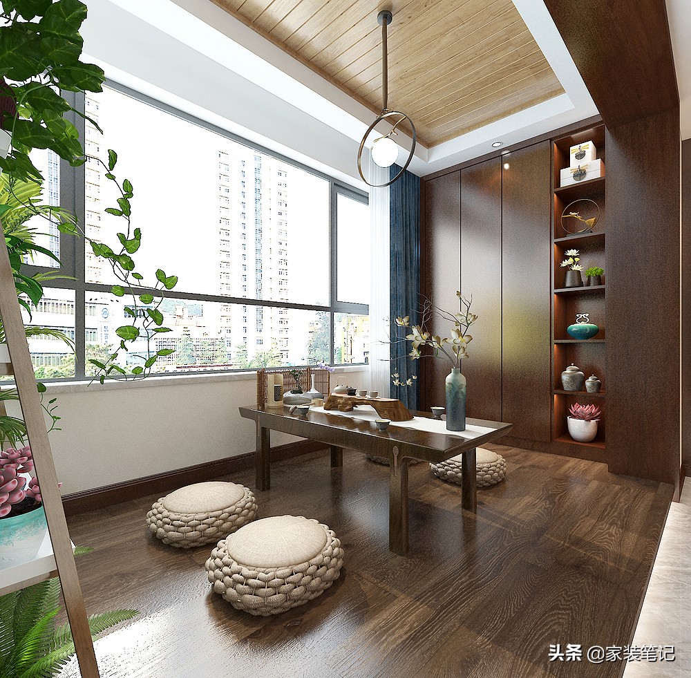 她家128㎡的中式风装修，客厅圆形的造型太有意境了，方圆之美