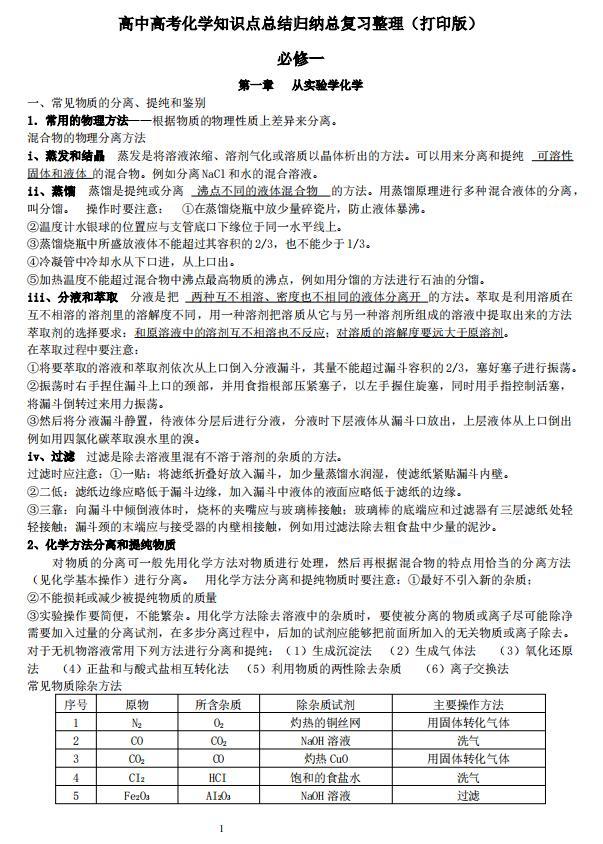 高中高考化学知识点总结复习整理（打印版）