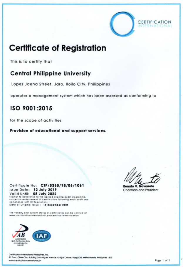 菲律宾中央大学持续保持ISO9001: 2015认证组织称号