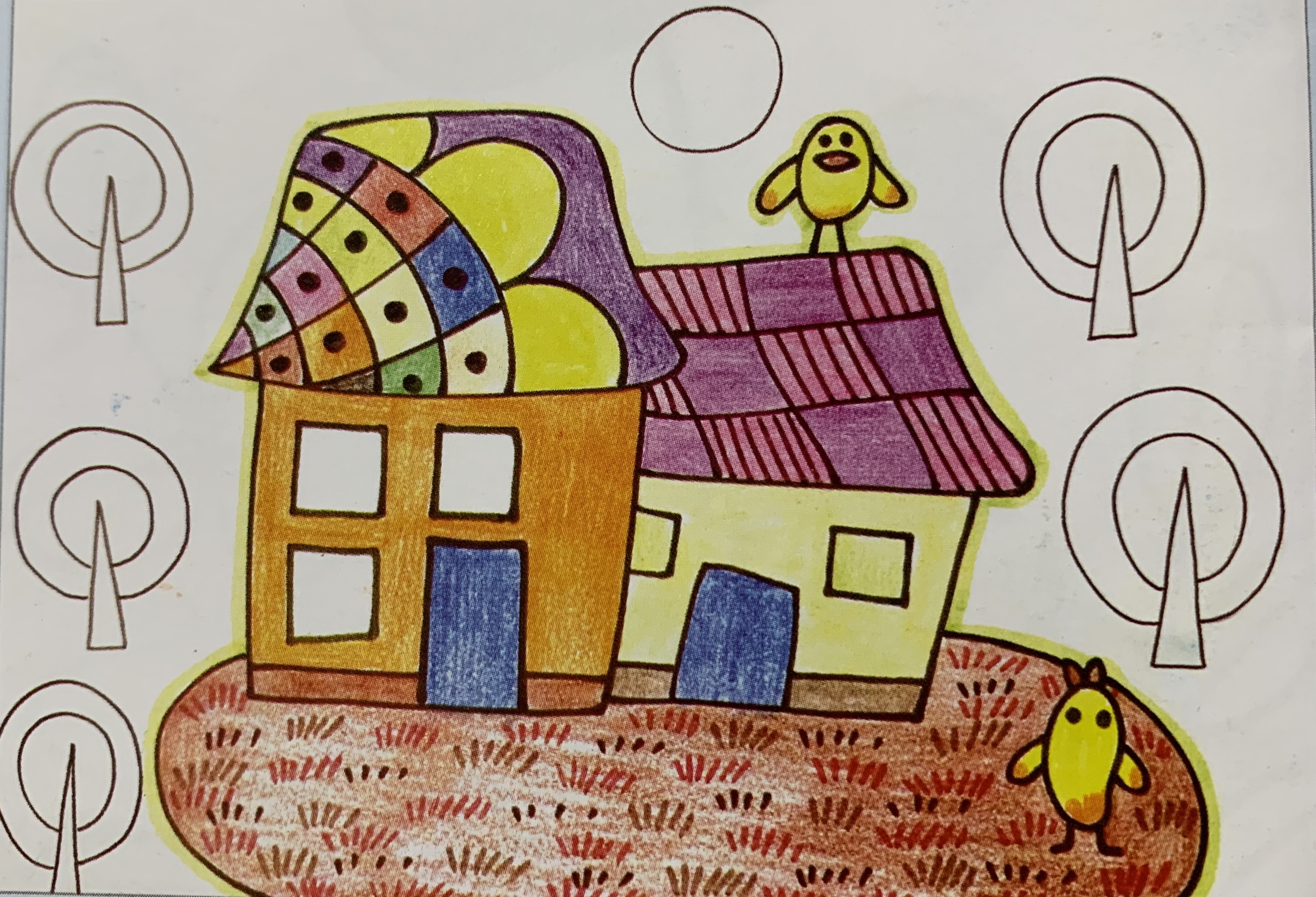 注意位置和比例用油画棒涂小鸟和背景的房子涂背景用油画棒涂花朵用