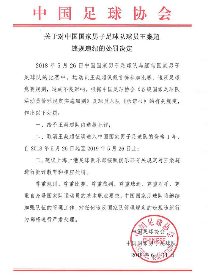 足球比赛为什么不让带首饰(佩戴首饰造不良影响！足协：取消王燊超国脚资格1年 批评教育)