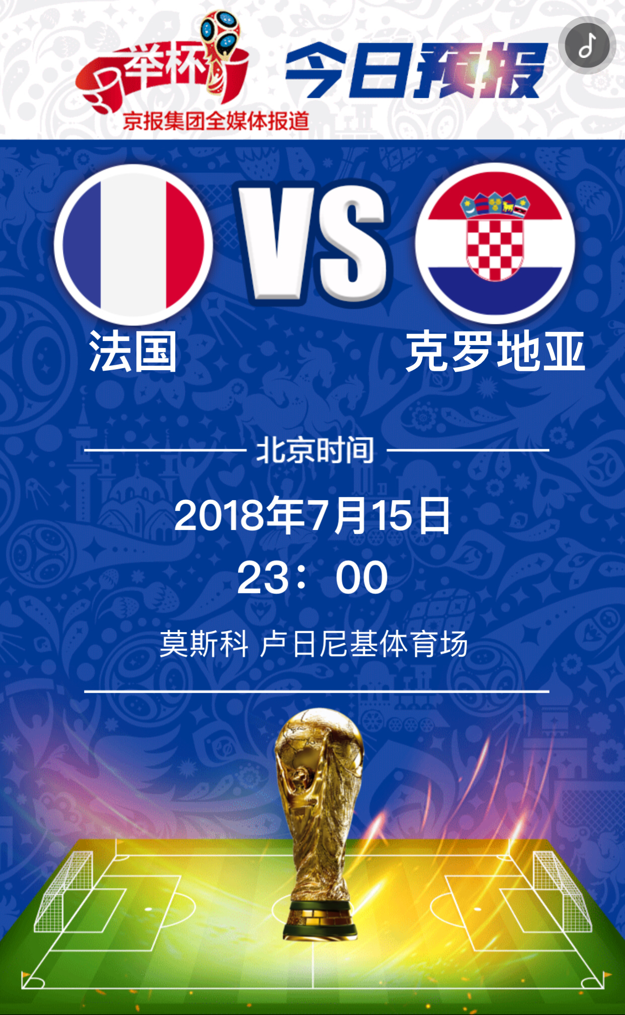 今夜23时世界杯(俄罗斯世界杯决赛，今晚23点，举杯是法国队还是克罗地亚队！)