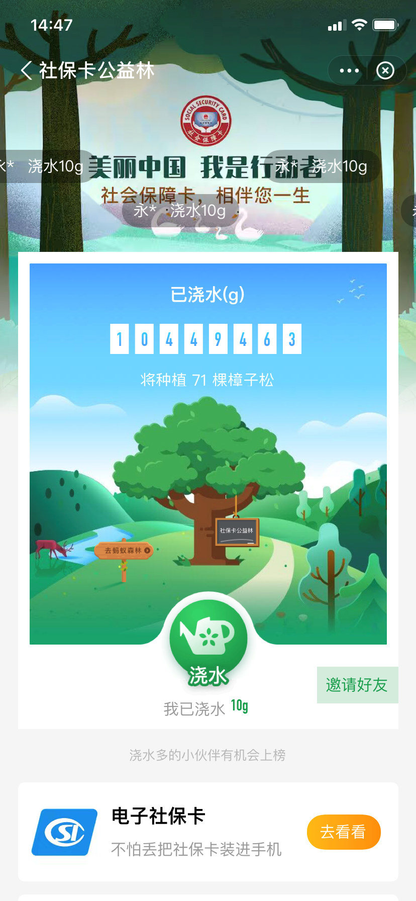 蚂蚁森林浇水，社保卡公益林已浇水10吨啦