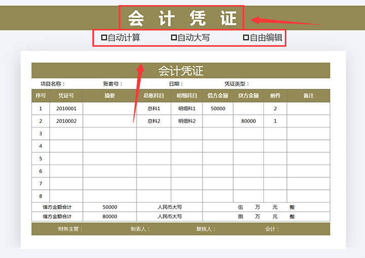 十二张会计凭证模板，录入数据可直接使用，内附财务报表管理系统