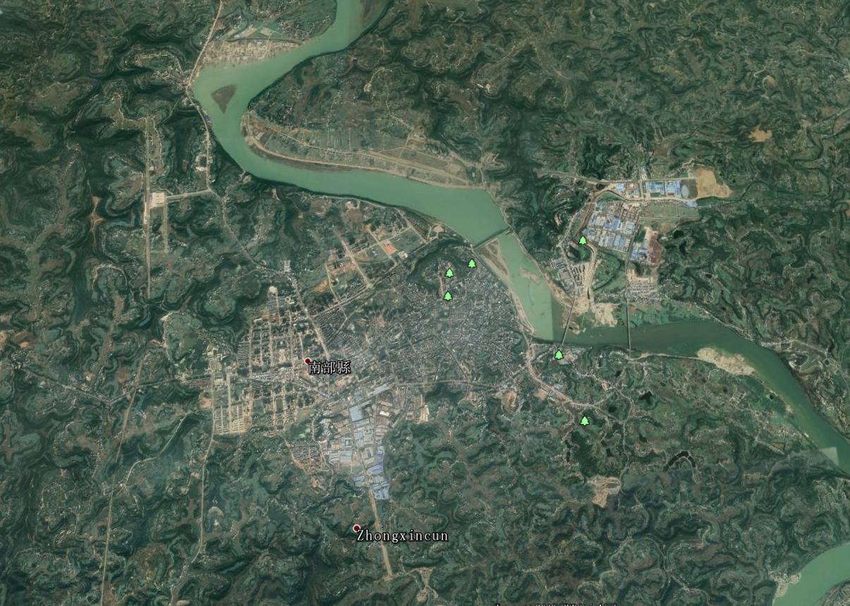 同一视角高度卫星地图下 四川南充各县市城区大小