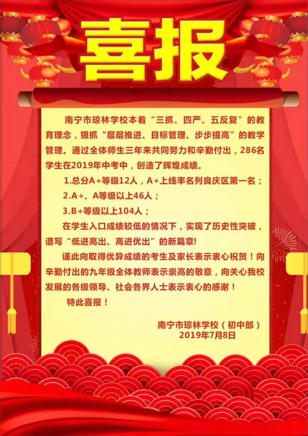 2019年南宁中考98人全A+，各初中名校发布喜报，你觉得哪家强？