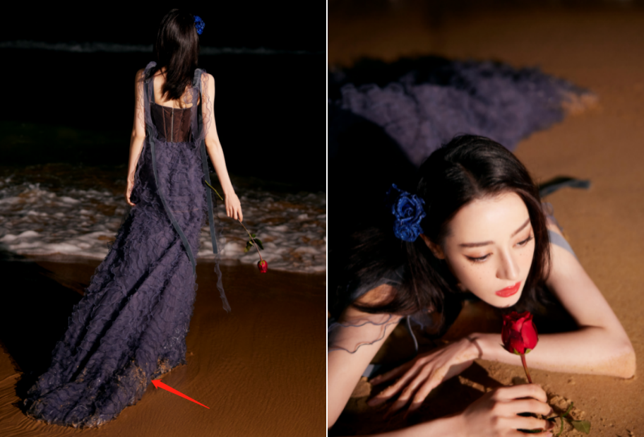 迪丽热巴躺在沙滩上拍照!裙摆被海水打湿,身上全是沙子不嫌脏