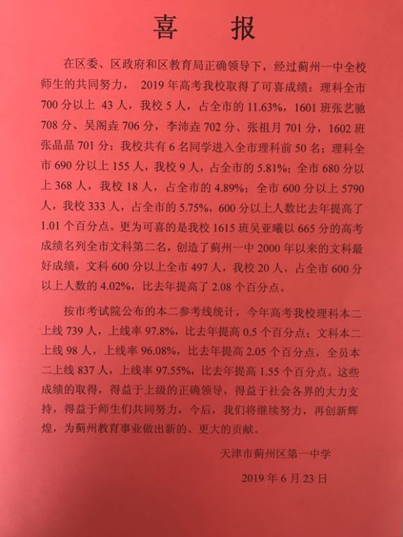 19年全国中学清华北大录取排名，天津8校上榜，一所民办异军突起