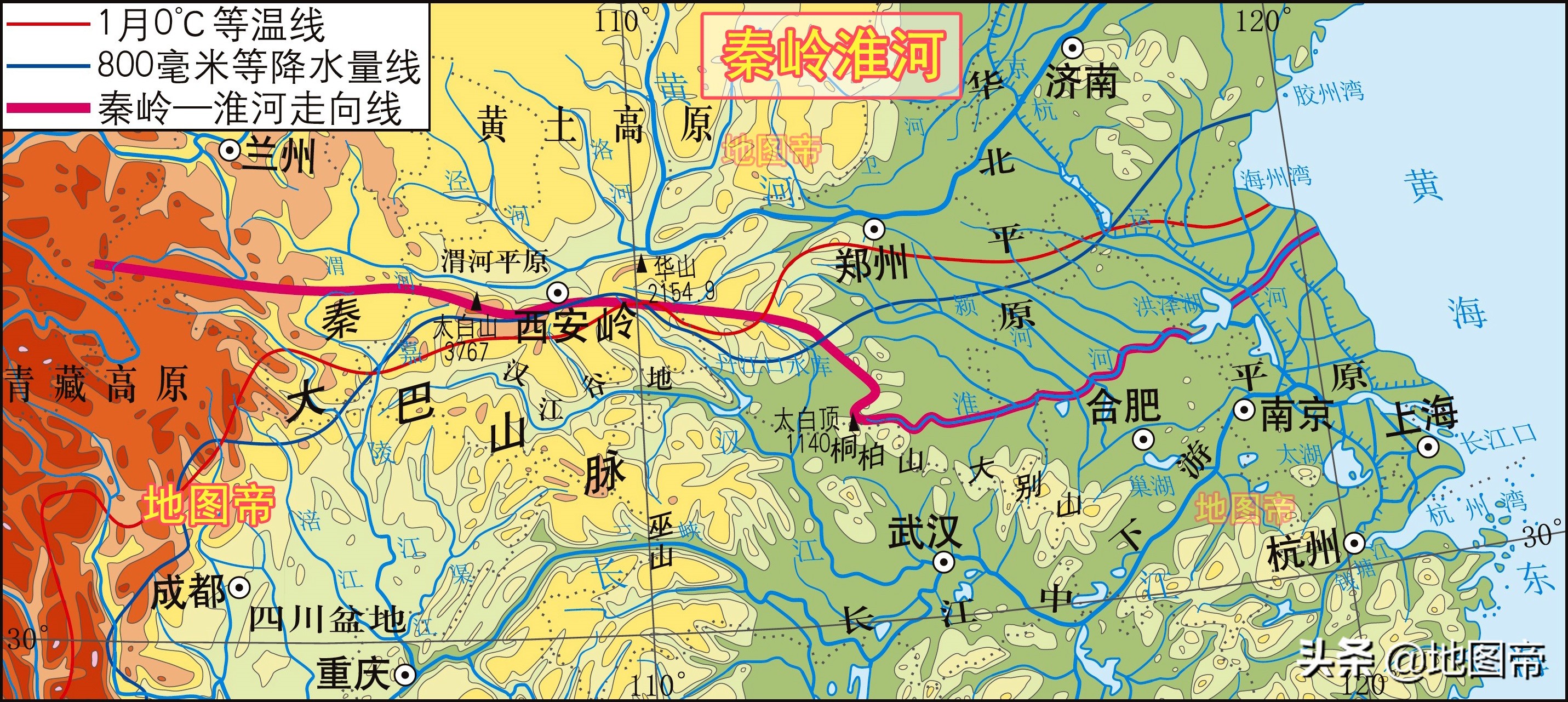 秦岭淮河一线,是中国南北分界线,是一月份零度等温线,是800毫米年降水