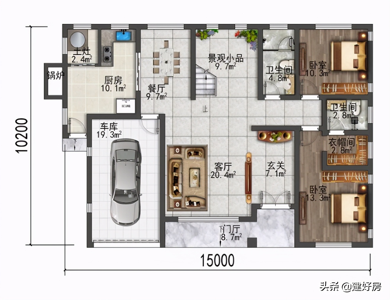 农村建房，这套15X10的户型火了，车库土灶加景观就是漂亮