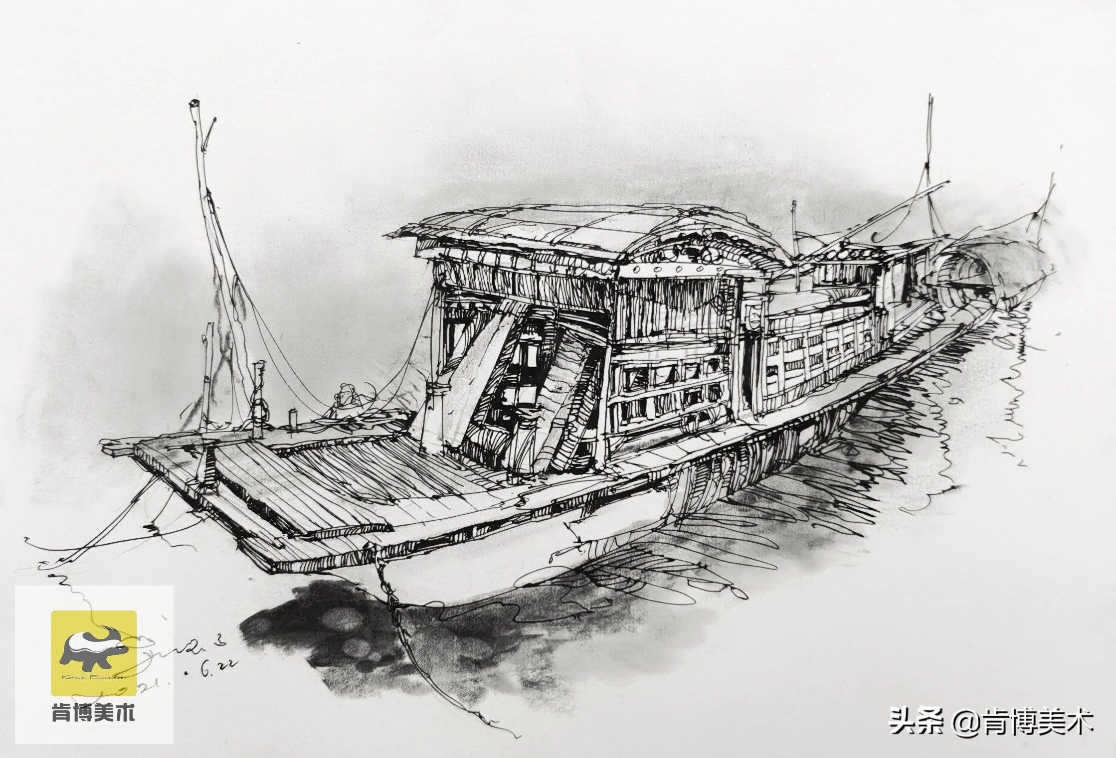 建党百年红船素描画图片