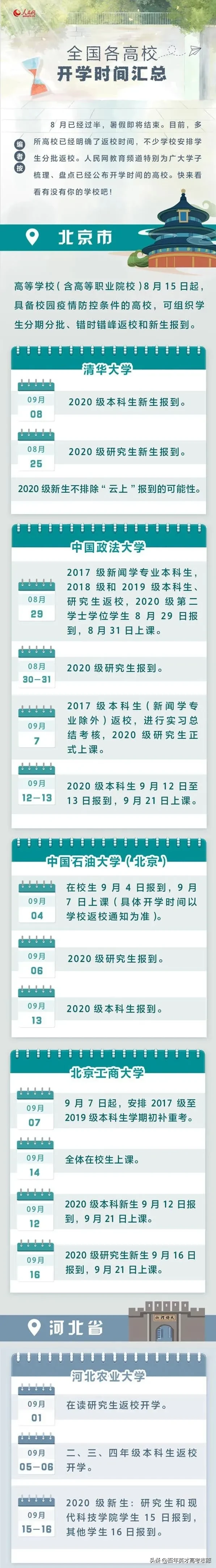 @大一新生！全国各高校开学时间定了 这三件事关乎大学四年