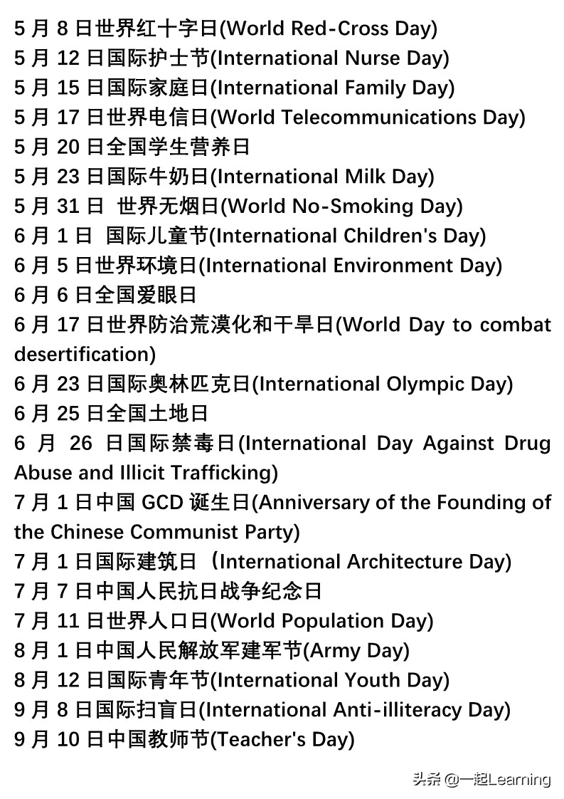 各种节日的中英文对照