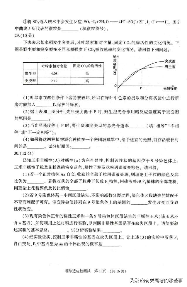 2019年河南省普通高中毕业班高考适应性测试（理综）