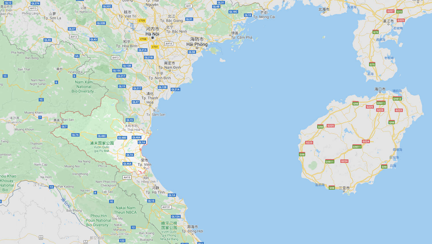 下面地图可以看到越南乂安省,中国海南省的位置大小关系.