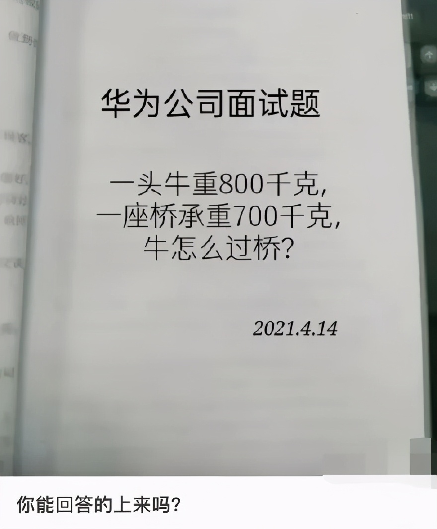 华为面试题：牛重800kg，桥承重700kg，牛如何过河？最秀回答秒过